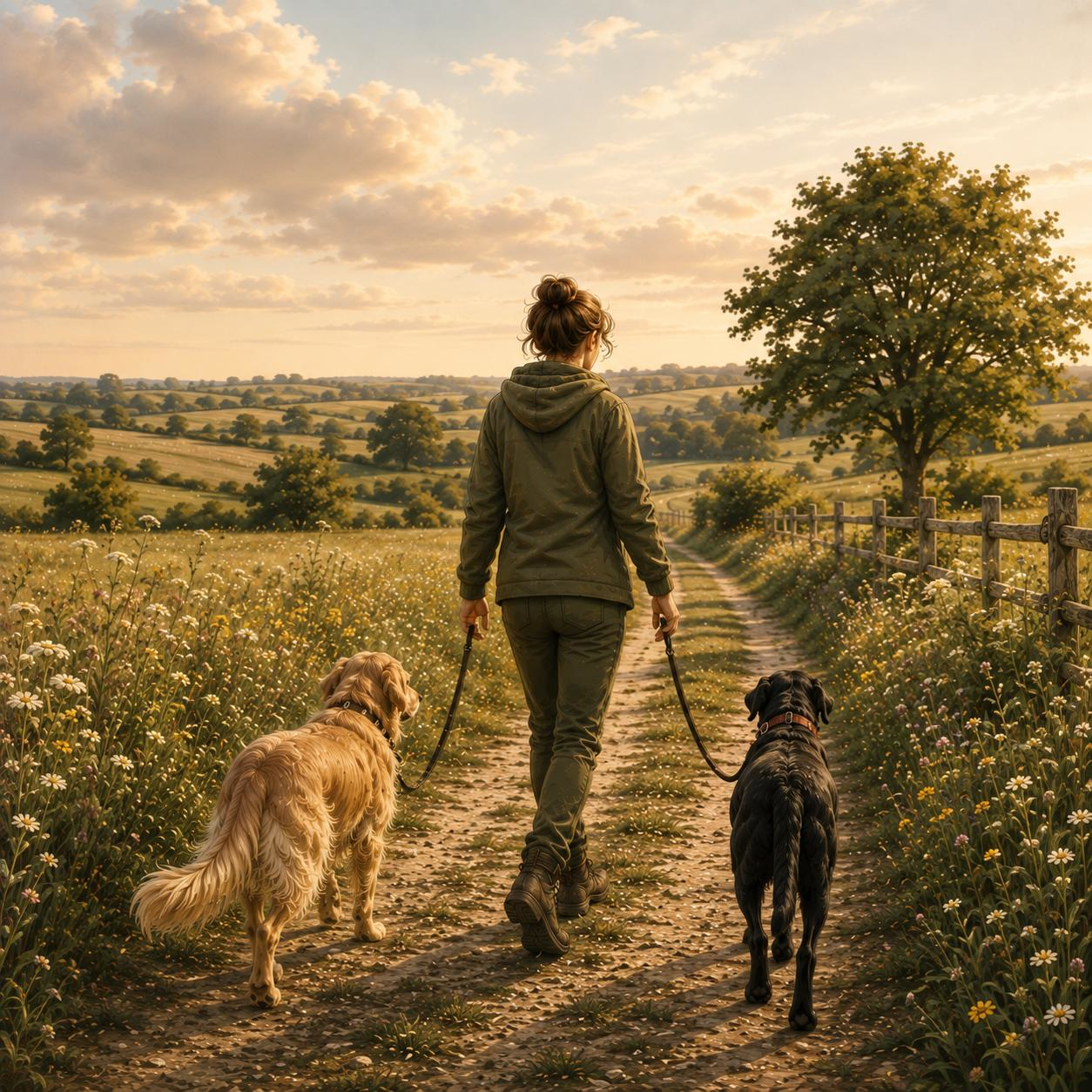 Field and Fur Pet Care — a person walking two dogs through a countryside scene, down a farm track between two fields.